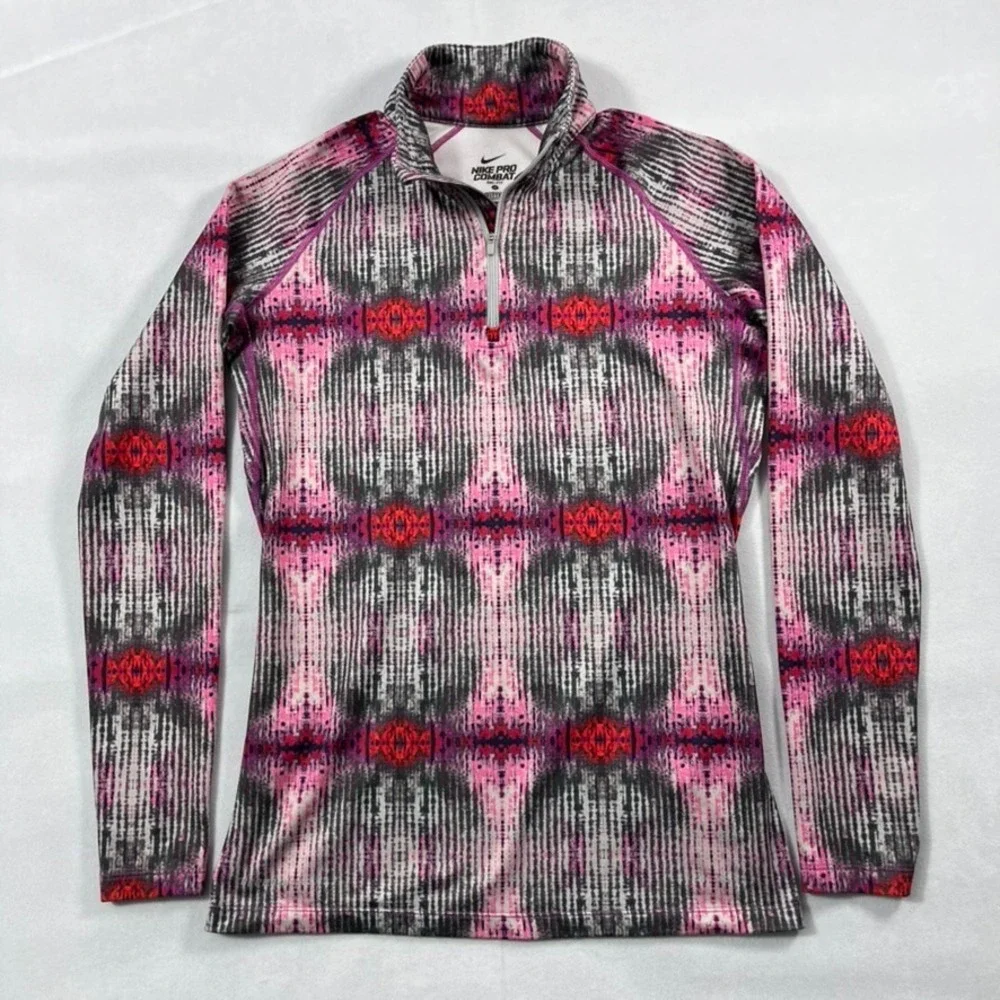 Nike Pro Combat 1/4 Zip Women Medium‎ Fitted Pullover Pink Dri Fit Artsy Print
